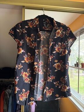 Forever 21 Black Floral Button-Down Shirt with Gold & Brown Blooms